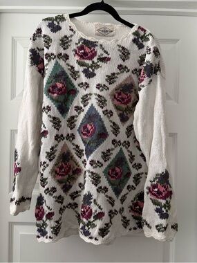 VTG Floral Sweater Cottagecore Chunky Handknit Granny 80s 90s Sweater Sz M/L